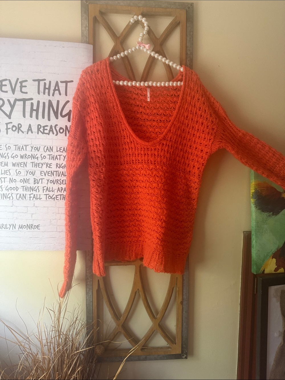Free People Vibrant Orange Open-Knit V-Neck Women’s Sweater